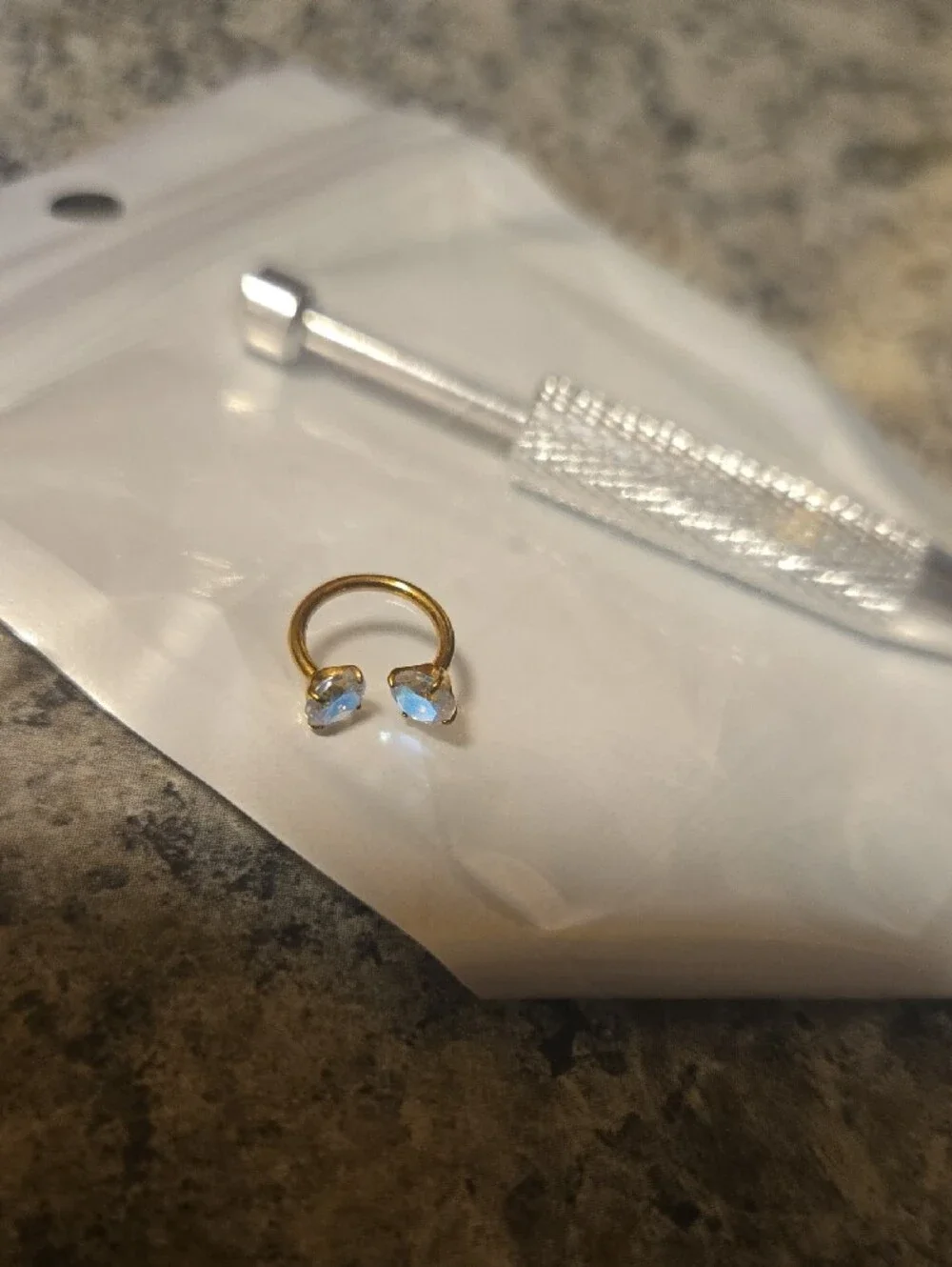 Gold-Tone Circular Septum Ring with Aura Gem Ends & Removal Tool